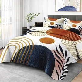 Pamnest Quilt Set Full/Queen Size, Gold Yellow Mid Century 3 Pcs Soft Bed Cover Bedding Set for Kids and Adults, Sun Boho Geometric Leaf Lightweight Bedspread Coverlet with Pillow Sham for All Season
