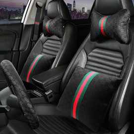 7PCS Steering Wheel Cover Set for Women, Car Accessories with Car Neck Pillows Lumbar Support Pillow and Seat Belt Covers, Universal Fit 14-15.5 inches (Black)