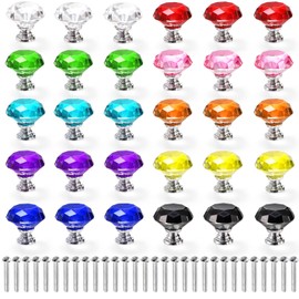 Nicunom 30 Pack Colorful Crystal Cabinet Knobs, 30mm Glass Dresser Knob Drawer Knobs Diamond Shape Drawer Pulls Knob with Screw for Kitchen Nursery Wardrobe Cupboard