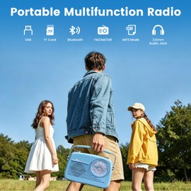 ottosing Portable Radio AM FM Shortwave Vintage Radio, Bluetooth Speaker Plug in Wall, Support USB Drive/TF Card, Easy to Use Large Dial for Seniors Elderly (Blue)