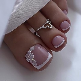 Pack of 24 artificial toenails for sticking on (French with flowers, 24 pieces)