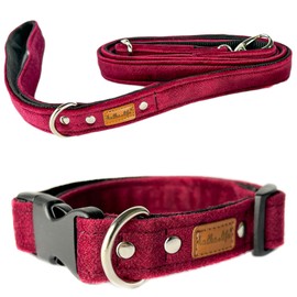 Dog Lead and Collar - Set for a Dog with Lead and Collar - Double Layered Strong Collar with Metal or Plastic Buckle (Cherry, L (Plastic Buckle)