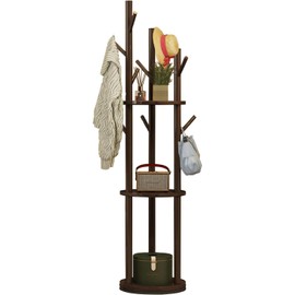 YYW 360° Wood Coat Rack Stand With Hooks And Shelves Standing Organizer