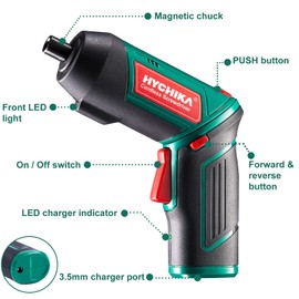 Electric Screwdriver, 6N·m and 2000mAh HYCHIKA 3.6V Cordless Screwdriver with 20 Accessories, Work Light, Charger and Magnetic Chuck