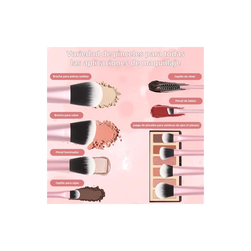 15 Piezas Brochas para Maquillaje con 10 Brochas, 2 Esponjas,