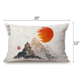Solekla Throw Pillow Cover Mountains and Red Sun hand drawn with ink in Traditional Japanese Decorative Pillow Case Home Decor 20x12 Inches Pillowcase