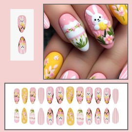 24Pcs Cute Bunny Press on Nails Easter Fake Nails Medium Almond Acrylic Nail Pink Matte False Nails with Flower Designs Spring Glue on Nails Full Cover Stick on Nail for Women Girls