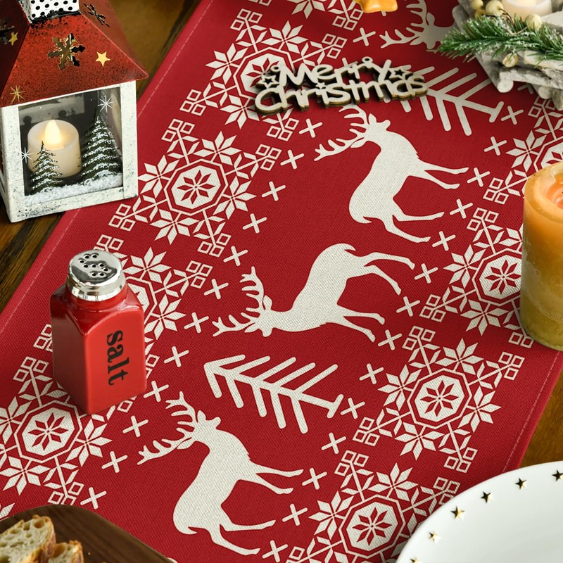 Artoid Mode Red Reindeers Christmas Table Runner, Seasonal Winter Merry