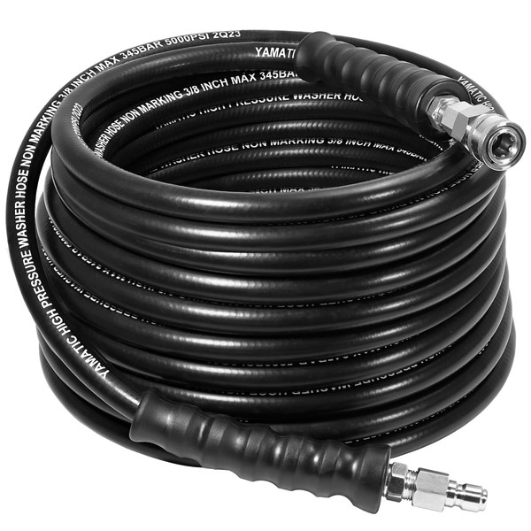YAMATIC 3/8" Pressure Washer Hose 50FT with Stainless Steel Quick Connector, 5000PSI Non-marking Rubber Power Washer Replacement Hose, Steel Wire Braided, Compatible with Simpson, Craftsman, Champion