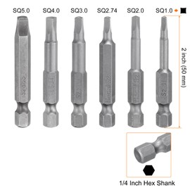 HARFINGTON 6pcs Square Screwdriver Bit Set SQ1.0/SQ2.0/SQ2.74/SQ3.0/SQ4.0/SQ5.0 S2 Steel 1/4" Hex Shank 2.56" Length Magnetic 4 Point Head Power Drill Bits