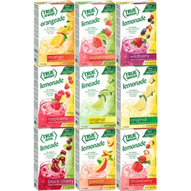 True Lemon STRAWBERRY, WILDBERRY, LIMEADE, WATERMELON, BLACK CHERRY, MANGO ORANGE, PEACH, LEMONADE, RASPBERRY 10ct each box. Citrus Sample Kit, 1.06 Ounce (Pack of 9)