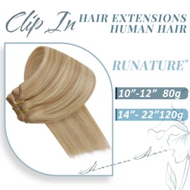 RUNATURE Blonde Clip-In Real Hair Extensions Gold Blonde with Light Blonde Clip-In Hair Extensions, Real Hair Short Clip-in Real Hair Extensions Blonde, 25 cm, #16P24 80 g