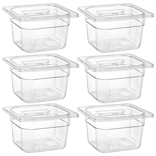Bekith 6 Pack 1/6 Size Clear Polycarbonate Food Pans with Lids for Kitchen Restaurant Food Prep, 4 Inches Deep