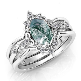 LELOUCHY Natural Moss Agate Rings Set Leaf Art Deco Hexagon Moss Agate Engagement Wedding Promise Rings Set Vintage Unique Bridal Ring Set for Women-6.5