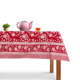60’’X90” Cherry Red 100% Cotton Hand Block Print Tablecloth, Rectangle Washable Table Cover - Dining, Parties, Outdoors, Weddings, Thanksgiving, Christmas Parties Decor, Made from Toxin Free Ink