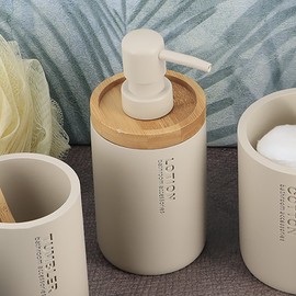 Stylish Matte Beige Soap Dispenser with Natural Bamboo Top - Polyresin Hand Lotion Pump, Modern Bath Accessory