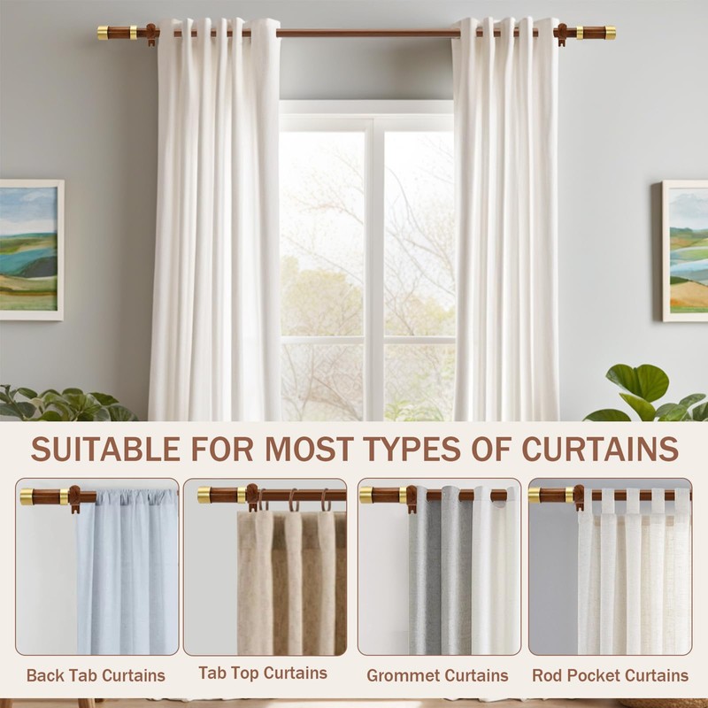 Wood Curtain Rods for Windows,1 Inch Boho Adjustable Window Curtain