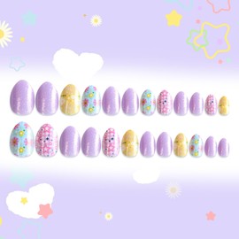 Kids Press on Nails Almond Fake Nails Short Cute Flower Star False Nails Adhesive Purple Glitter Glossy Acrylic Artificial Nails for Children Manicure Supplies 24 Pcs