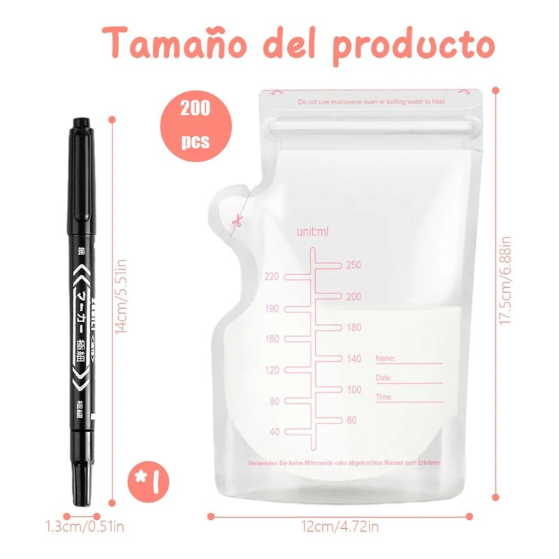 Bolsa De Almacenamiento De Leche Materna 250ml,200piezas+pen