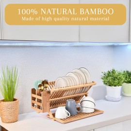 2LB Depot Bamboo Dish Drying Rack - Collapsible Wooden Drainer for Kitchen Counter - Wood Utensil Dryer - Foldable Dish Rack Holder Fit Up to 20 Plates - Folding Wood Kitchen Accessory