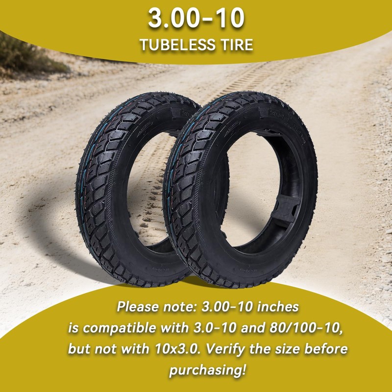 2 Pack 3.00-10 Dirt Bike Tire 3.0-10 Tubeless Tire