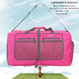Bekahizar 60L Foldable Duffle Bag Large Lightweight Packable Travel Weekend Duffel with Shoe Compartment and Shoulder Strap for Luggage, Gym, Sport, Camping, Storage, Shopping (Rose Red)