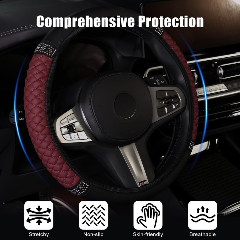 AMZAUTO Bling Steering Wheel Cover for Women, Leather Sparkly Rhinestone