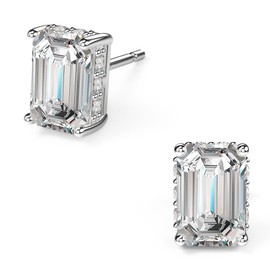 18K White Gold Plated Sterling Silver Emerald Cut Cubic Zirconia Stud Earrings Clear CZ Diamond Stud Earrings for Women Men Hypoallergenic (4MM*6MM, White Gold)