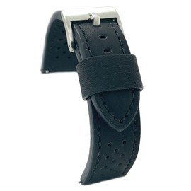 diloy Cowhide Leather Watch Strap Smooth Perforated Rally Racing Vintage - Contrast Stitching Black White Red Blue - Sizes 20mm 22mm 24mm - Black - Sporty Classic 398, 20 mm, Leather, Not applicable