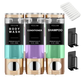 FEULAM Shampoo and Conditioner Dispenser, Shower Soap Dispenser 3 Chamber No Drill, Wall Mounted Shampoo Dispenser for Shower with Label, Body Wash Dispenser with Toothbrush Holder and Soap Dish Gold