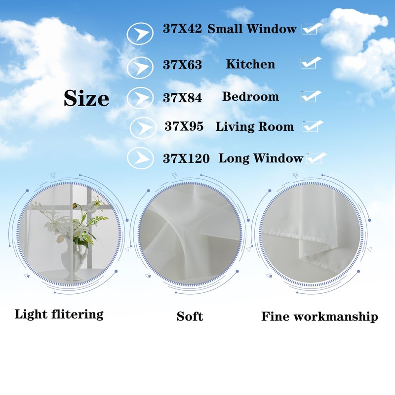 AZRMT White Sheer Curtains 95 Inch Length 2 Panels, Light