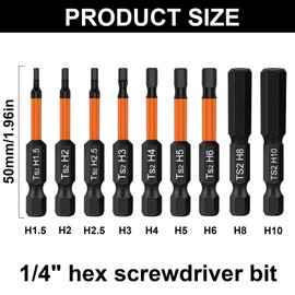 9-Piece Hex Screwdriver 50 mm Long Bits Set, 1/4 Inch S2 Impact Wrench Bit Set, Magnetic Hexagon Hexagon Socket Screwdriver, for Cordless Screwdrivers (H1.5/2/2.5/3/4/5/6/8/10)