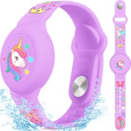 Waterproof Air Tag Bracelet for Kids, Unicorn Air Tag Holder for Kids with Full Coverage Hidden Design, Silicone Airtag Wristband for Child, Purple