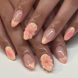 Uñas postizas francesas con flores 3D - Uñas postizas cortas almendradas en amarillo y rosa - Uñas acrílicas adhesivas hechas a mano para mujeres y ni