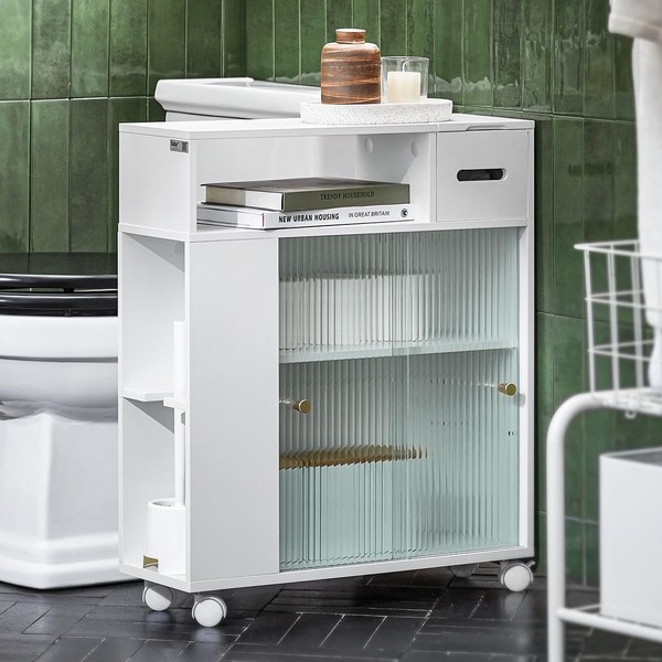 Haotian Narrow Bathroom Cabinet Storage Cabinet with 2 Sliding Glass