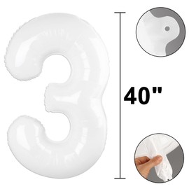 40 Inch White 3 Balloon Giant Mylar Number 3 13 23 30 33 Year Old Birthday Large Foil Helium Number Balloons Party Decorations Supplies Anniversary