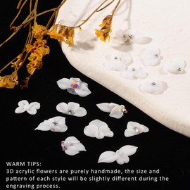 QIMYAR 30PCS Pure Handmade Acrylic Flower Nail Charms Set, 3D Mini White Petal Sculpted Floral Nails with Rhinestone Crystal Handmade Nail Flower Nail Art Accessories Manicure DIY Crafts