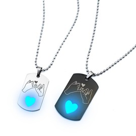 ATLVXJL Luminous Stainless Steel Couple Necklaces Dog Tag Hand in Hand Pendant Matching Necklaces For Women Men Gifts