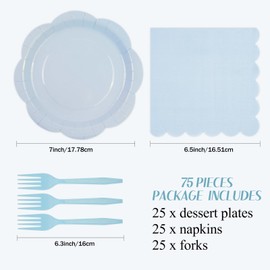 KFJBPB 75 PCS Blue Paper Plates and Napkins Party Supplies, Light Blue Scalloped Plates Napkins Forks Disposable Tableware Set for Bridal Baby Shower Wedding Birthday Party Decorations