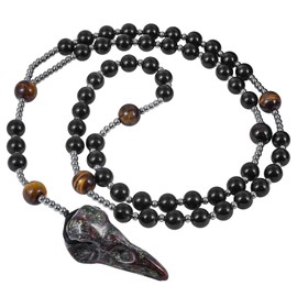 mookaitedecor Raven Skull Necklace Dragon Blood Stone Necklace, Bloodstone Crystal Necklace Jewellery Gift Long Crystal Beaded Necklace Crow Skull Pendant Necklace Norse Necklace Bead Necklace Men