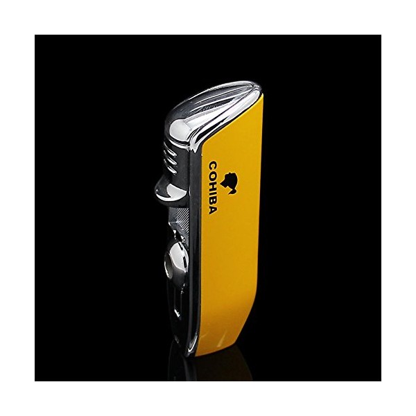CIGAR IN STYLE Chrome Steel Yellow 3 Torch Jet Flame Butane Cigar Lighter and Punch 2 in 1 with Gift Box (Yellow)