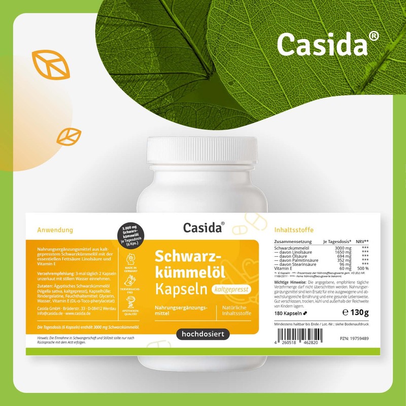 Casida® Schwarzkümmelöl Kapseln kaltgepresst -natürlich- 1650 mg Linolsäure und 60