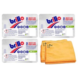 Brillo Multi-Use Soap Pads For Household Cleaning Kitchen Steel Wool Filled Cleaning Pots, Pans, Cookers - Multi- Use Soap Pad (5 x 3)15 Brilo Soap Pad With ZOPPER 2 x Microfiber Cloth