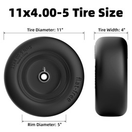 RONPOW 11x4.00-5 Lawn Mower Tires Flat Free and Wheel, 11x4-5 Solid Front Tires for Zero Turn Mower, 350Lbs Load, 3/4", 5/8" and 1/2" Bearings, 3.4"-5.8" Hub for Residential Commercial, 2Pack Black