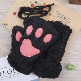 ZARSIO Cat Claw Gloves Bear Paw Gloves Plush Winter Cute Kitten Fingerless Mittens (Black)