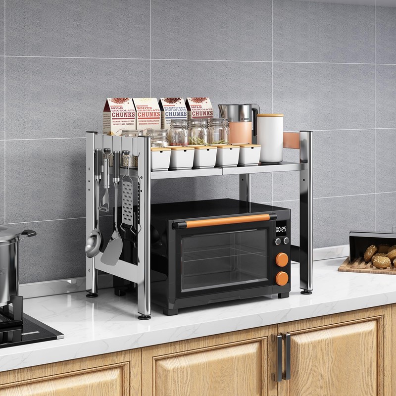 Virvia Extendable Microwave Oven Rack，Adjustable Microwave Stand Kitchen Counter Shelf