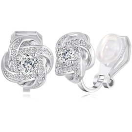 Fxiqini Clip On Earrings Non Pierced Earrings Teardrop Round Square Knot CZ Pearl Wedding Clip On Stud Earrings for Women Gift Jewelry Silver Tone