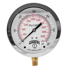 Winters 4" Dial Size, Liquid Filled Pressure Gauge, Potable Brass Internals, 304 Stainless Steel Case, Dual Scale 0-600 psi/kPa, 1.5% Acc, 1/4" NPT Bottom Mount, Drinking Water Pressure Gauge