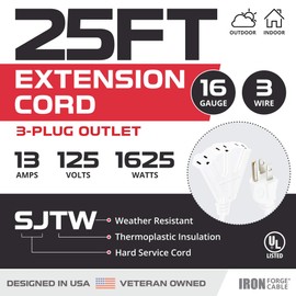 Iron Forge Cable 3 Outlet White Extension Cord 25 ft, 16/3 SJTW Indoor & Outdoor Heavy Duty 3 Prong Extension Cord with Multiple Outlets, Weatherproof Power Cable for Outside, Lawn, Home & Office
