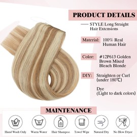 SEGO Invisible Wire Hair Extensions, Real Human Hair Adjustable Wire Extensions, 2 Clips for Women Transparent Fish Line Extensions, Add Length, 20 inches, Golden Brown Mixed Bleach Blonde, 70g